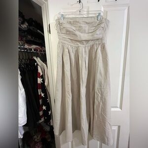 Banana Republic Factory Linen Blend Strapless Beige Gathered Midi Dress